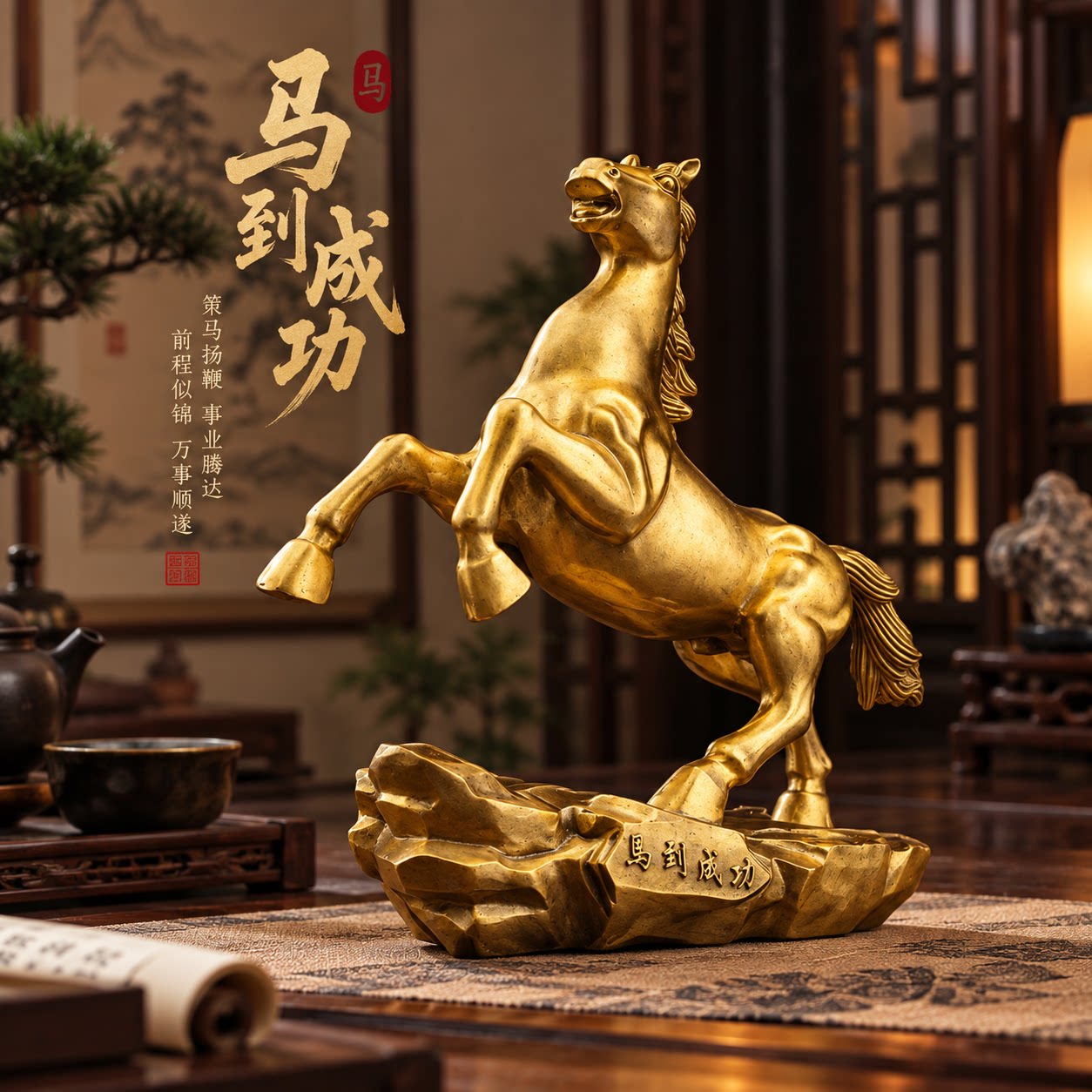 纯铜招财马到成功风水摆件