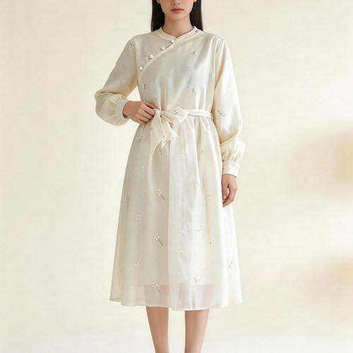 大码淑女欧根纱珍珠扣显瘦连衣裙