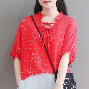云子喇叭袖半袖胖妹妹法式时尚胖mm宽松显瘦小衫V领上衣