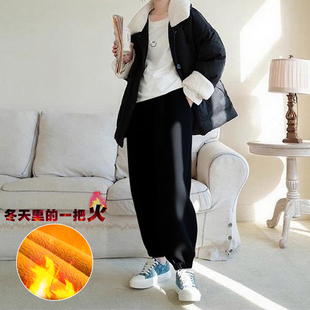 胖妹妹冬季加绒束脚裤加大码女宽松显瘦休闲运动裤加厚保暖慢跑裤