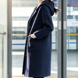 胖妹妹冬装新品极简风连帽呢子大衣女大码中长款宽松显瘦毛呢外套
