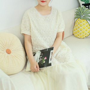 夏新品刺绣拼接连衣裙大码荷叶袖圆领宽松长裙