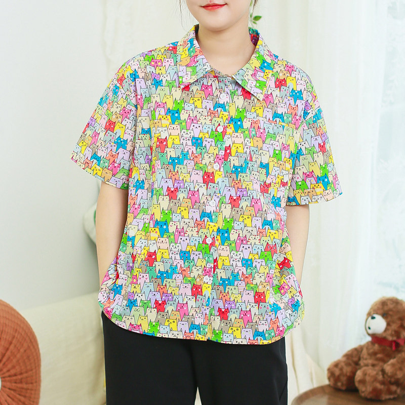 夏新品纯棉印花宽松减龄衬衫加大码文艺复古上衣