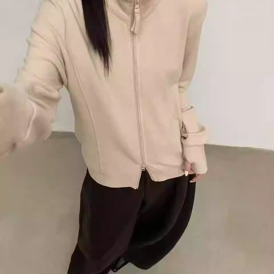 YHS德绒拉链外套女冬款双面磨毛加绒修身显瘦内搭上衣开衫卫衣潮