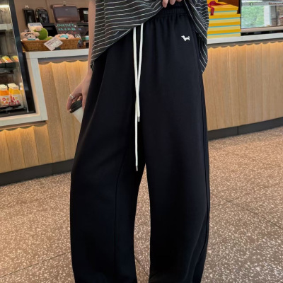 左维zuowooon8392加厚卫裤女秋冬松紧小狗刺绣裤脚抽绳直筒阔腿裤