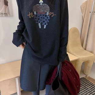 上衣T恤女冬新款 ONE26205圆领字母卡通印花长绒棉宽松中长款 长袖