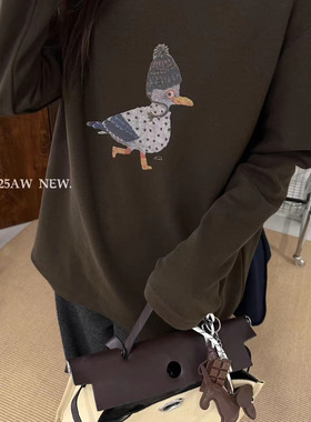 one26103冬款韩国卡通鸟长袖T恤女圆领加厚宽松显瘦磨毛打底衫潮