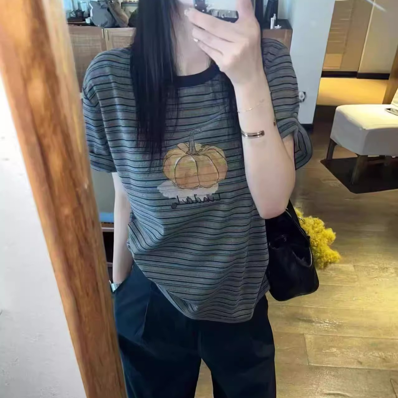 wat条纹短袖T恤女2025秋款韩版显瘦圆领南瓜印花条纹上衣打底衫WT
