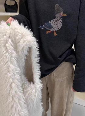 清仓处理不退换one26103卡通鸟长袖T恤女圆领宽松显瘦磨毛打底衫