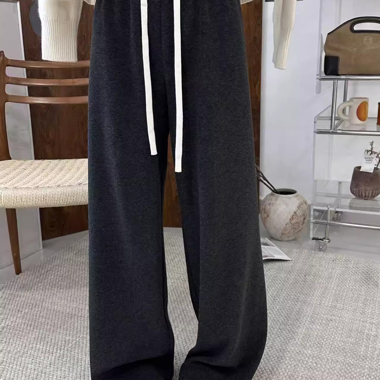 MarioQueiroz2586-1加绒加厚糯米裤女冬松紧高腰直筒阔腿裤长裤潮