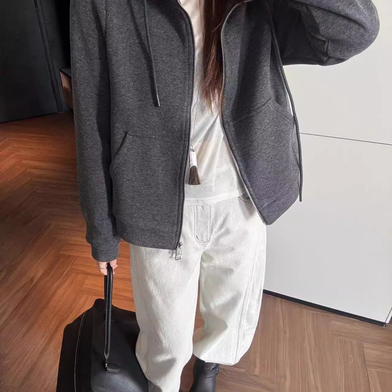 欧货QM青迈国际软糯舒适加绒开衫卫衣冬韩版显瘦连帽拉链外套上衣