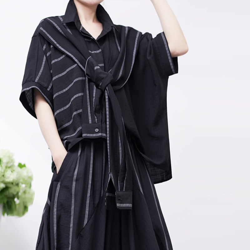 2025春夏时尚新款条纹衬衫女装宽松大码胖MM遮肉蝙蝠袖上衣薄款