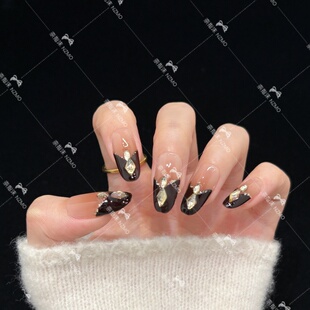 【Y18】秋冬梅拉德色系拼钻高级感手工美甲法式爆闪美甲