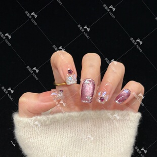 紫色爆闪猫眼气质显白手工穿戴甲碎钻拼搭美甲 Y85
