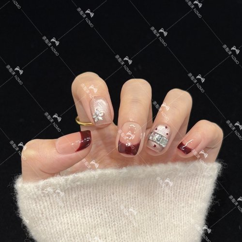 【L126】酒红法式碎钻拼搭短款手工穿戴甲约会通勤美甲