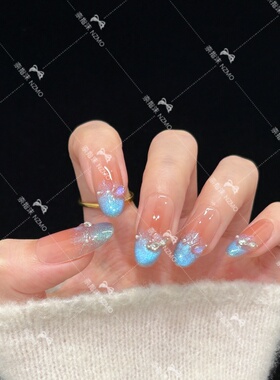 【Y60】冰透渐变蓝色猫眼显白气质百搭中长款手工穿戴甲