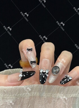 【L43】黑色法式酷帅甜美蝴蝶结手工穿戴甲