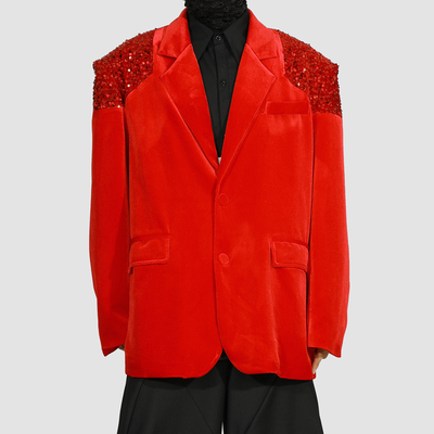原创男装西服男外套秋季轻奢高级感丝绒亮片红色礼服宽松大码西装