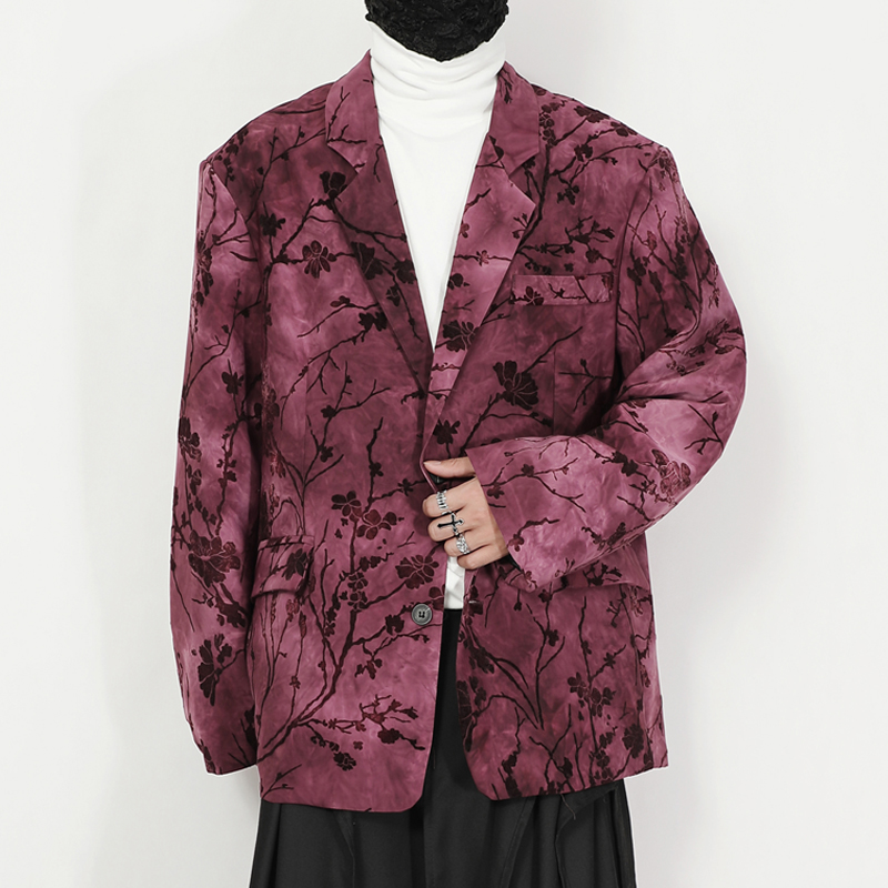 2025春季新款粉紫色西服外套男装大码新中式花卉植绒宽松小西装秋