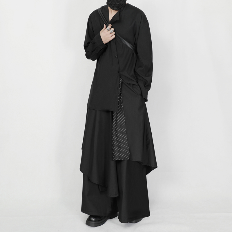 无领斜门襟黑色小众宽松长袖衬衫