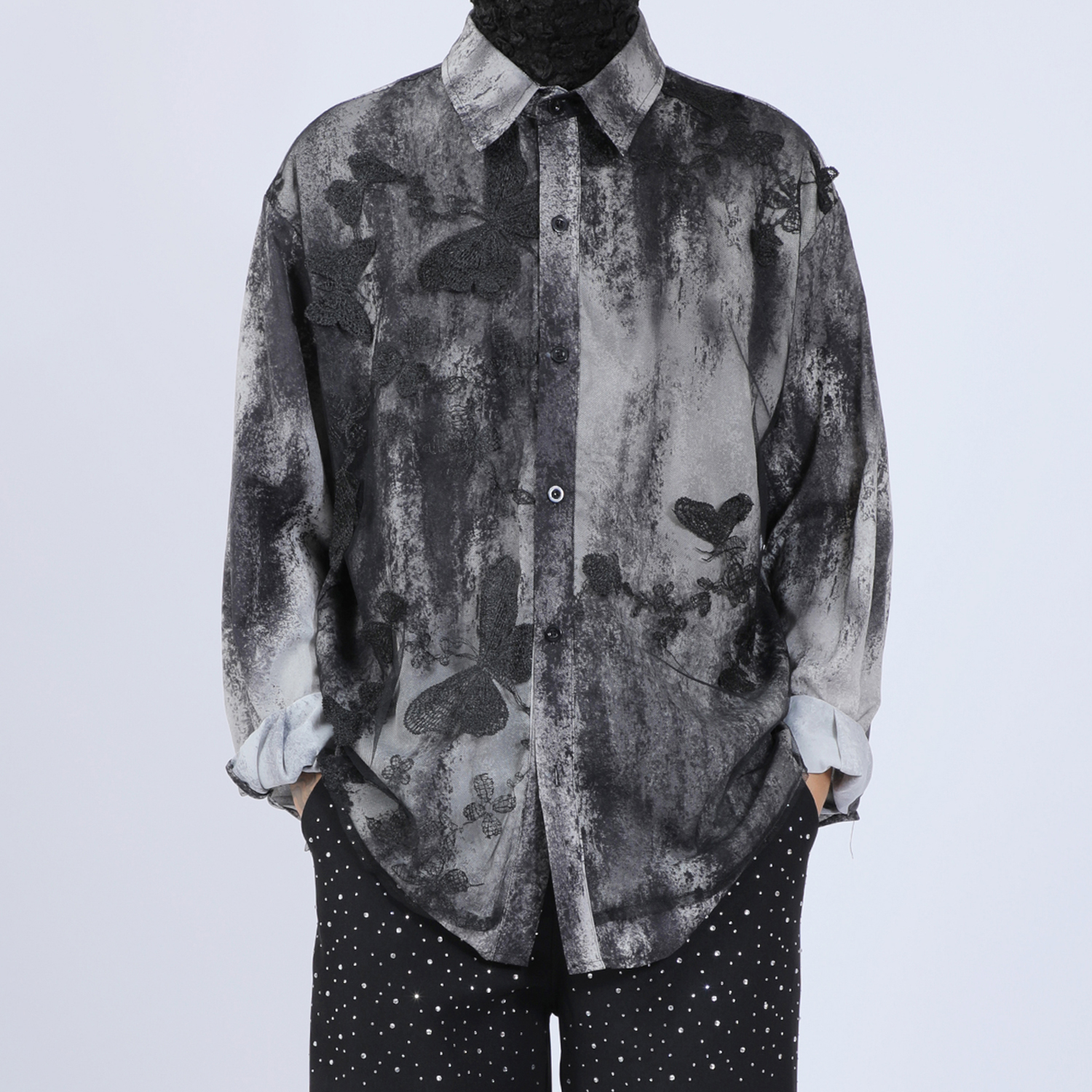 原创男装新款衬衫男上衣暗黑小众设计感网纱假两件宽松长袖衬衫潮