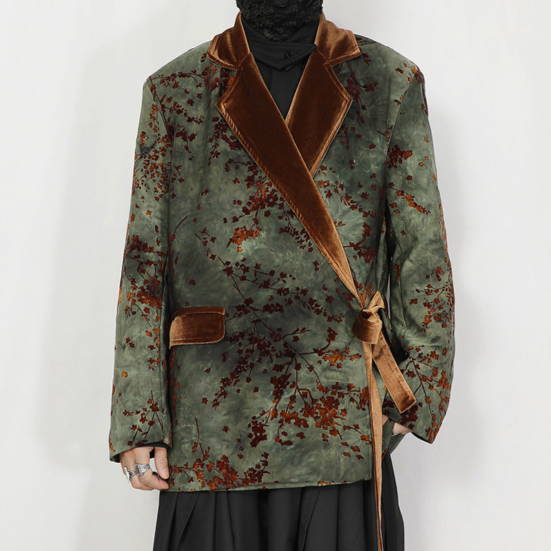 2025新款绿色西服外套男装中式花卉植绒春秋系带宽松西装男士外套,男装,西服,淘宝优惠券,粉丝福利购,淘宝优惠卷