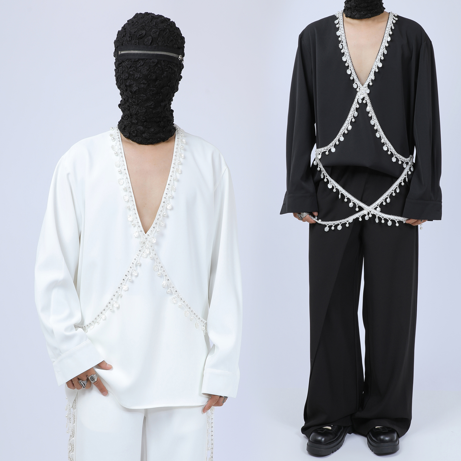 原创男装衬衫小众法式轻奢链条深V领设计感宽松长袖衬衫大码上衣