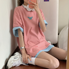 Real price 2021 new summer loose base print T-shirt Butterfly Pink versatile top