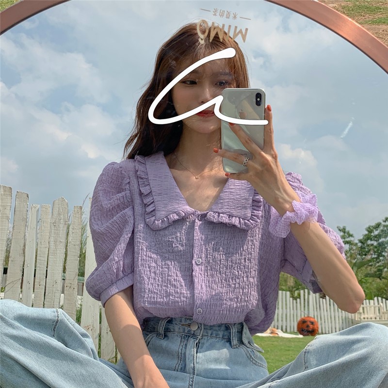  實拍實價夏季韓版小眾氣質襯衣女短袖娃娃領上衣新款