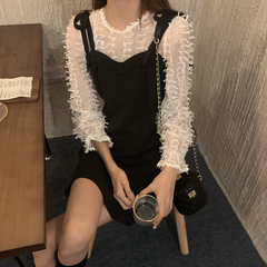 Real price Hepburn style small black skirt show thin long sleeve A-line bottom skirt fake two