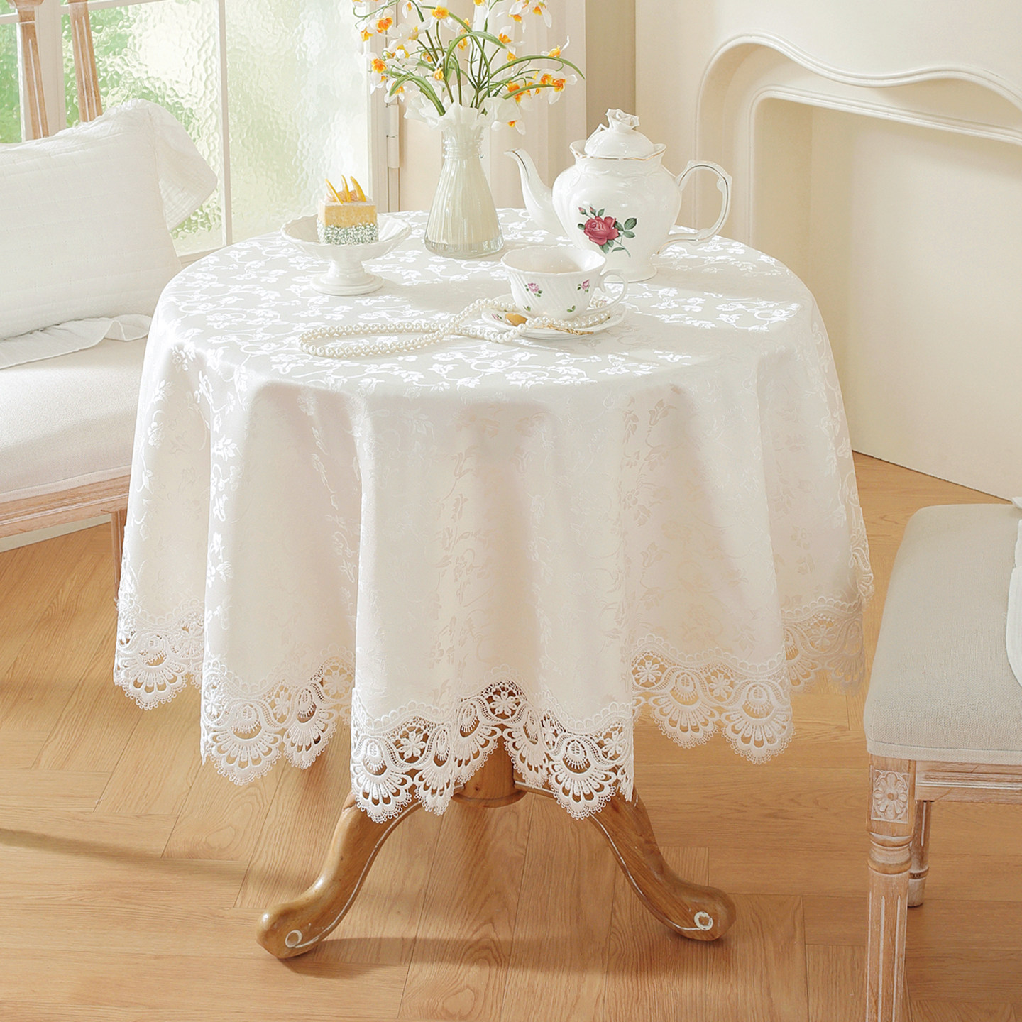 唯米5152法式蕾丝白色小圆桌布百搭防尘田园风装饰茶几餐桌台布