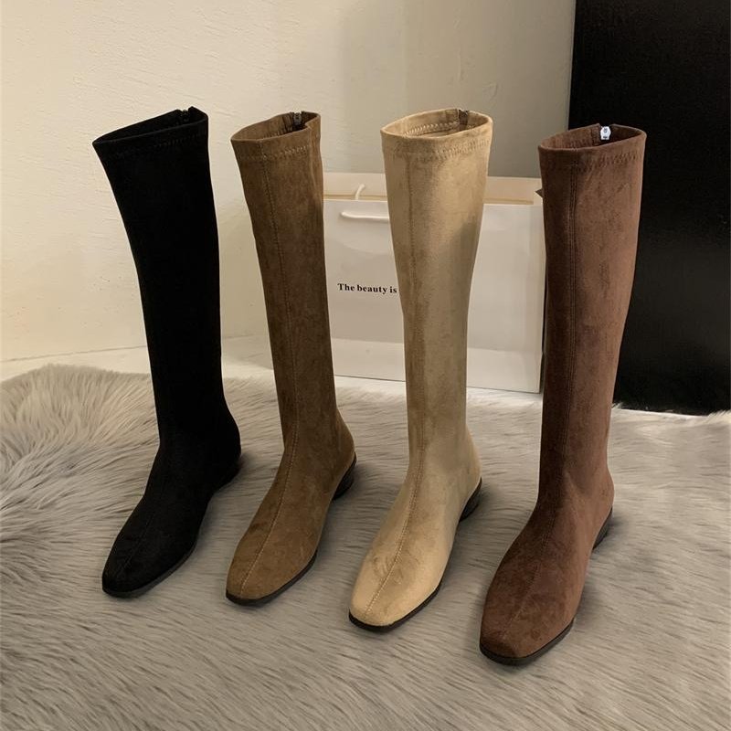 粗跟尖头绒面瘦瘦长筒靴女2025年新款秋冬季韩版长靴中筒骑士靴子,女鞋,时装靴,淘宝优惠券,粉丝福利购,淘宝优惠卷