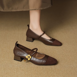软皮气质高级感不累脚浅口单鞋 女2025新款 春秋百搭粗跟中跟小皮鞋