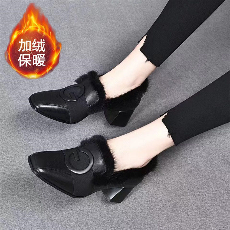 粗跟乐福鞋女加绒单鞋2025年冬季新款真皮方头百搭中跟毛毛小皮鞋,女鞋,深口单鞋,淘宝优惠券,粉丝福利购,淘宝优惠卷