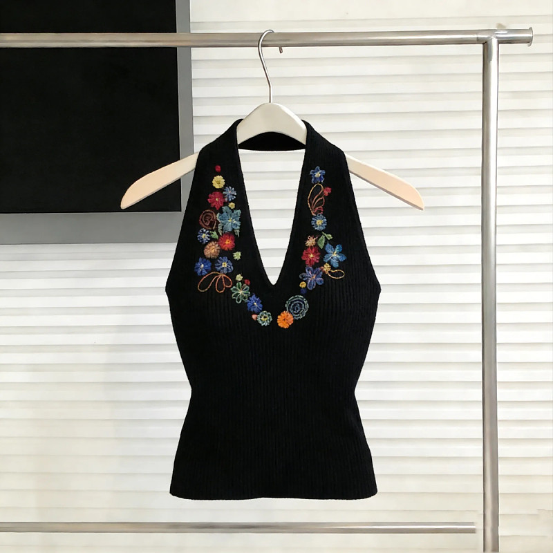 新中式国风刺绣挂脖无袖背心女早春新款修身显瘦时尚穿搭气质上衣