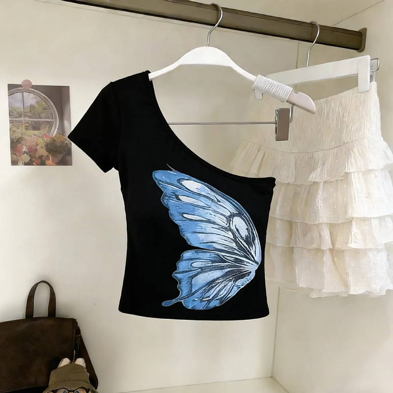 纯欲风性感斜肩蝴蝶印花短袖T恤女春季新款修身显瘦露肩打底上衣,女装/女士精品,T恤,淘宝优惠券,粉丝福利购,淘宝优惠卷