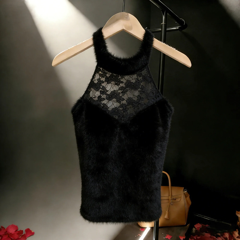 韩系少女风蕾丝挂脖吊带背心女早春季毛毛抹胸半高领内搭修身上衣