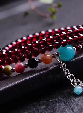 天然酒红石榴石碧玺百搭多圈手串