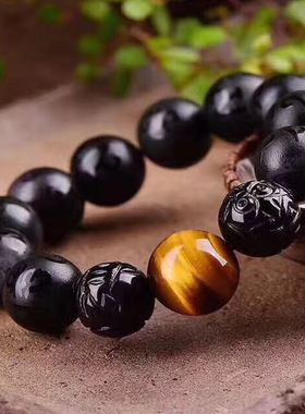 天然黑曜石六字真言貔貅手链