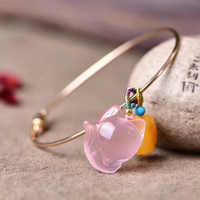 天然粉水晶狐狸手链 蜜蜡手链 925银手镯粉晶萌狐手链大头狐狸