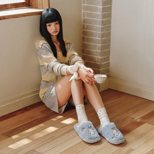 正版miffy米菲兔棉拖鞋女冬可爱卡通兔居家保暖平底加绒毛绒拖鞋
