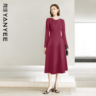 颜域长袖圆领连衣裙女2026新款春装收腰显瘦酒红色中长款气质裙子