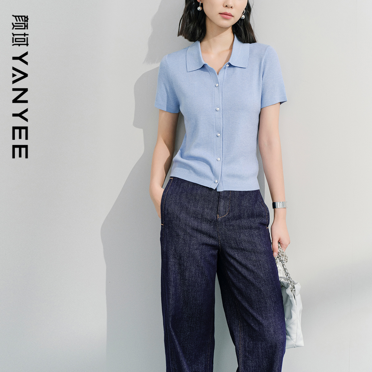 颜域翻领短袖修身针织衫