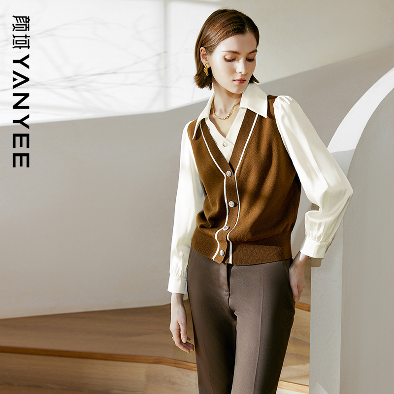 颜域假两件针织衫翻领设计感上衣