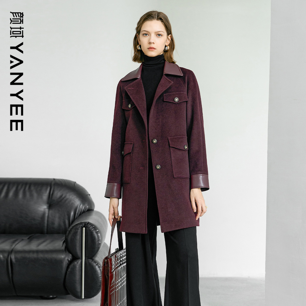 颜域酒红色中长款毛呢大衣