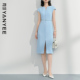 颜域蓝色单排扣连衣裙女2026夏季 新款 收腰显瘦通勤气质女士中长裙