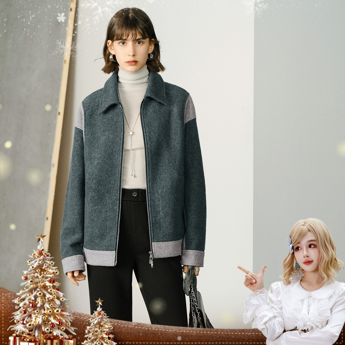 【呼呼专享】颜域撞色毛呢外套女2025新款冬季灰色休闲通勤宽松翻