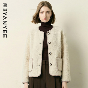 颜域米色毛绒短款外套女2025冬季新款高端保暖小香风显瘦百搭上衣