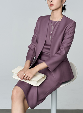 颜域绵羊毛西装外套女2026春季新款紫色高级感通勤九分袖职业西服