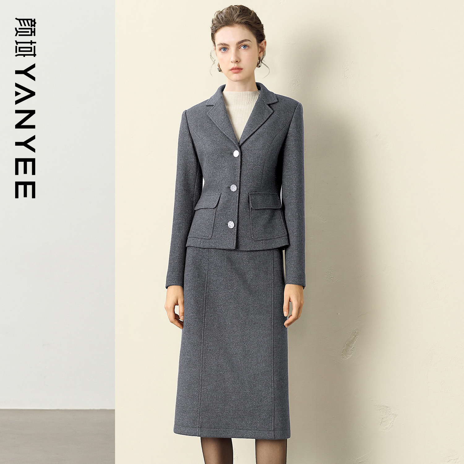 颜域毛呢西装外套半身裙套装
